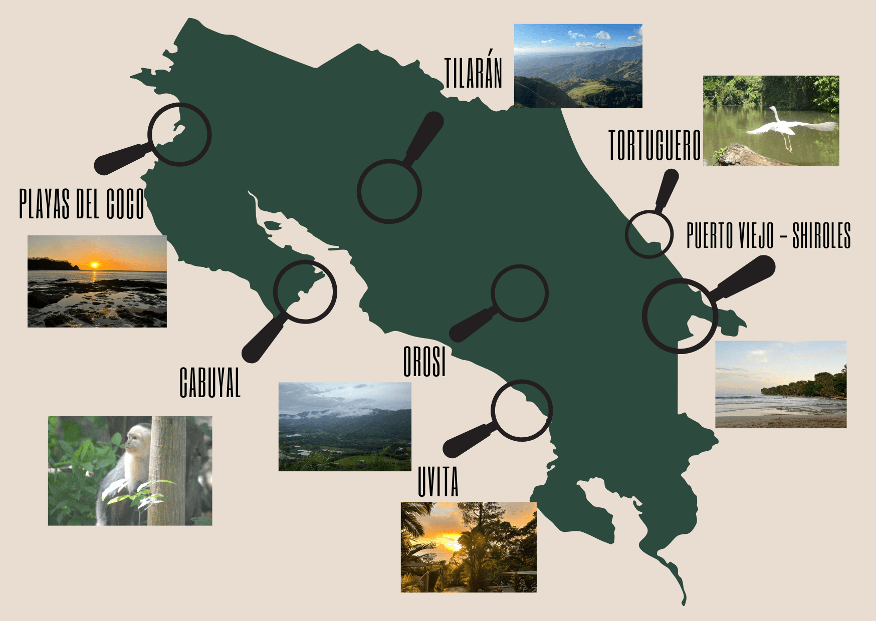 map avec image carte des endroits visités pendant le voyage en petit groupe au Costa Rica, avec photos des régions